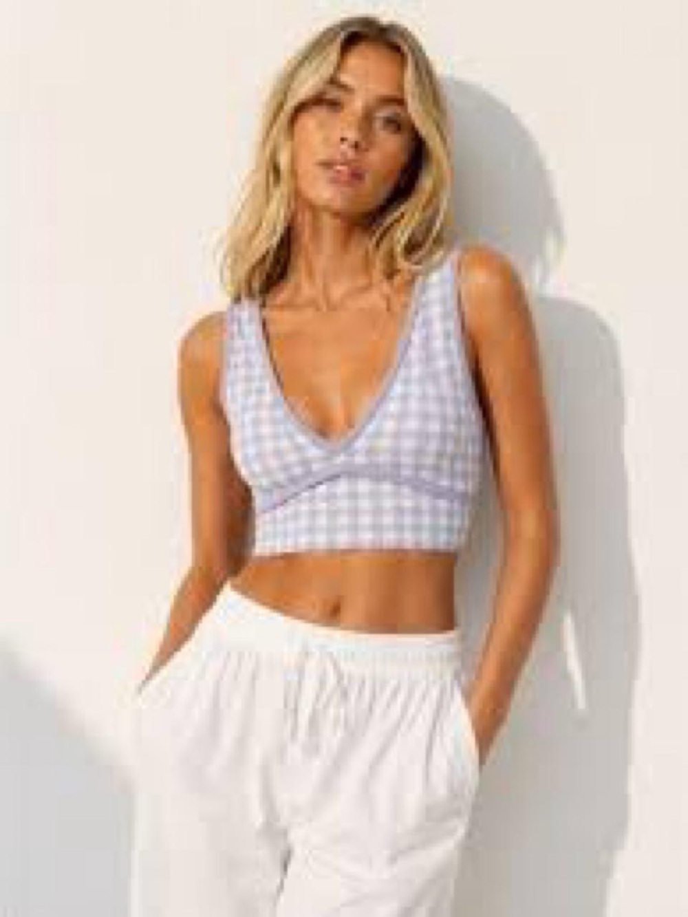 ZARA White Lilac Gingham Deep V-Neck Knit Summer Crop Top Sz Lg